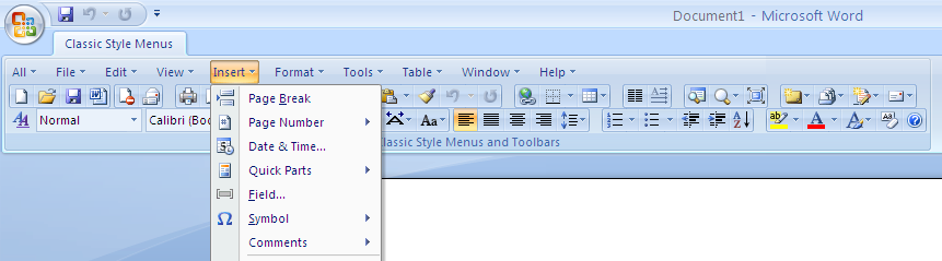 Click to view Classic Style Menus for Office 2007 4.3.9 screenshot