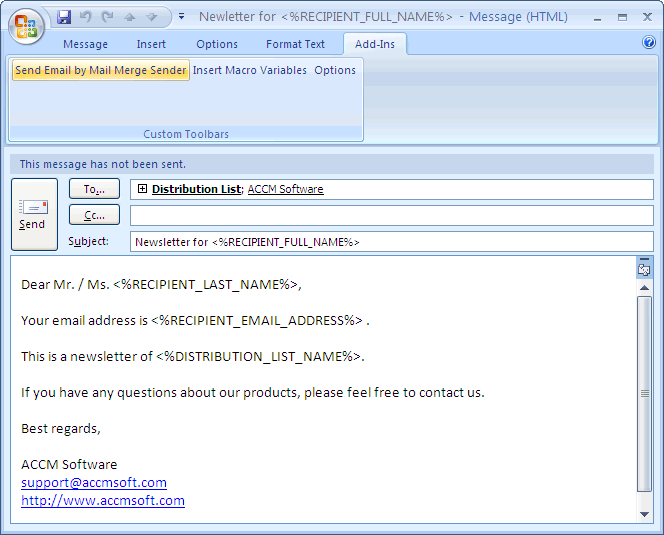 Mail Merge Sender in Outlook 2007